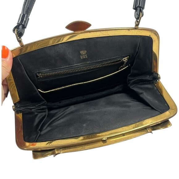 VTG 50s 60s CROWN LEWIS BLACK PATENT LEATHER PURSE TORTOISESHELL METAL FRAME GUC - Picture 3 of 3